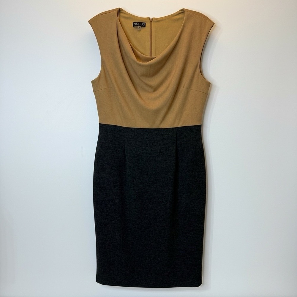 Venus Camel and Black Colorblock Sleeveless Sheath Dress Cowl Neck‎ Womens M
